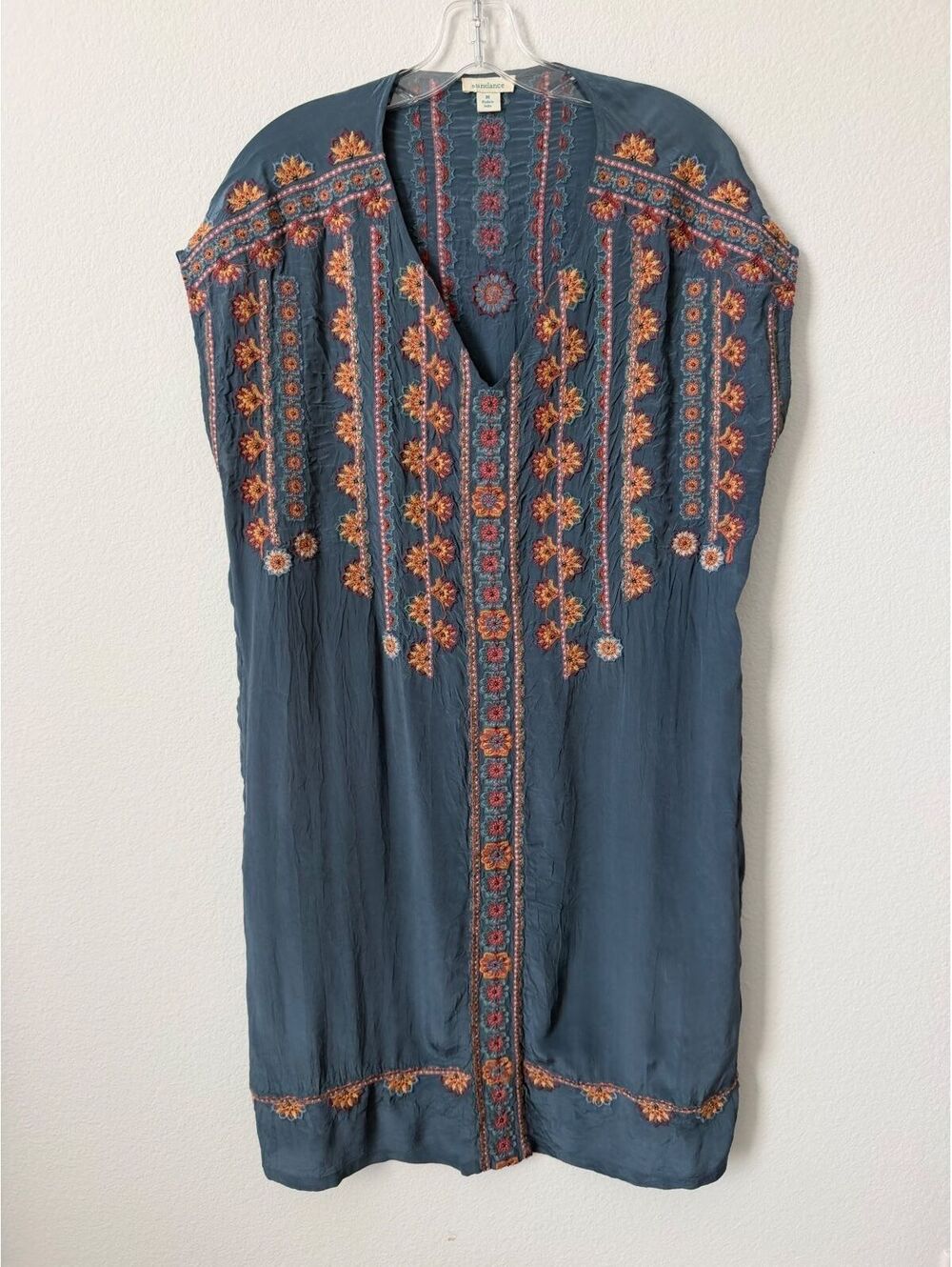 Sundance V-Neck Sleeveless Embroidered Boho Blue Tunic Mini Dress Women's Size M